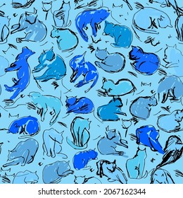 Nahtlose Musterkatze. Sketch Freehe und Zeichnen doodle Linien skandinavische Stil Grunge Textur. Nursery-Dekor Trend Geschenkpapier, Stoffe, Tapeten, schwarz blau, Marine, Indigo, Kobalt-Hintergrund. Vektorgrafik