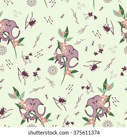 Seamless pattern of cat skull on dark, floral background. Sugar skull kitty, little mandala, flowers and forest bugs. 