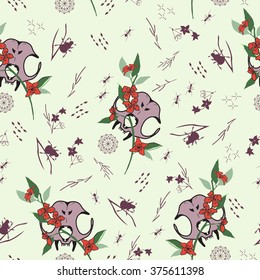 Seamless pattern of cat skull on dark, floral background. Sugar skull kitty, little mandala, flowers and forest bugs. 