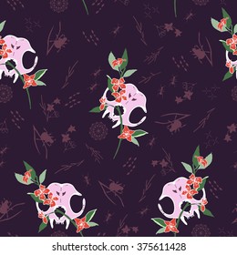 Seamless pattern of cat skull on dark, floral background. Sugar skull kitty, little mandala, flowers and forest bugs. 