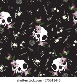 Seamless pattern of cat skull on dark, floral background. Sugar skull kitty, little mandala, flowers and forest bugs. 