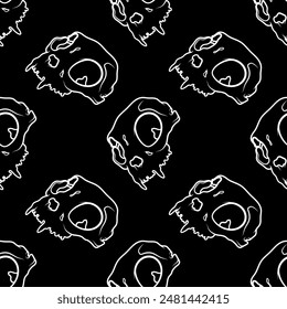 Seamless pattern with cat skulls. Flat black background design. Repeating print for fabric, wrapping paper, textile