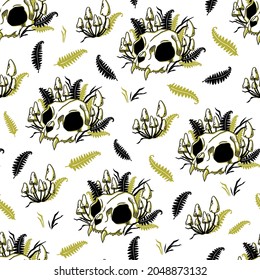Seamless pattern with cat skulls, mushrooms and ferns.Can be used for t-short print, poster or card. Ideal for Halloween, the Day of the Dead and more.