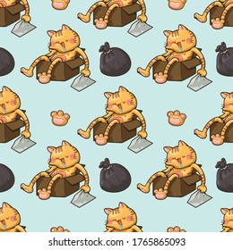 Seamless pattern cat sleeping in a paper box cartoon on blue background, Vector illustration. This design for publication, decoration, sticker, pattern, screen pattern on shirt and more.