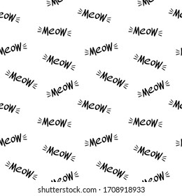 Seamless pattern with cat sound lettering. Meow and whiskers. Black objects iolated on white background. Vector illustration.