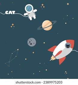 Seamless pattern. Cat in space.