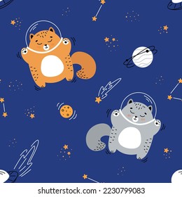 Seamless pattern with a cat in space, Astronaut cat, cat flying in space