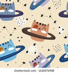 seamless pattern with cat in space, stars, decor elements. Colorful flat style, vector for kids. hand drawing. baby design for fabric, print, nursery wallpaper, textile