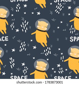 Seamless pattern with a cat in a space suit. Cute cat. Design of packaging paper, fabrics, and clothing for small children. Children's room design. Vector seamless illustration.