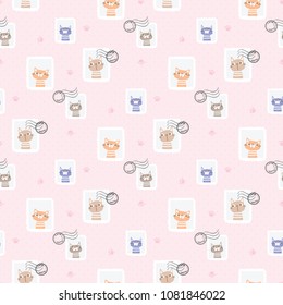 Seamless Pattern of Cat Stamp and Paw Design on Pink Background with Dots