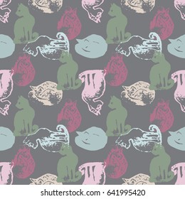 Seamless pattern with cat stamps. Sloppy strokes of a paint. Template for wrapping paper of textile print.