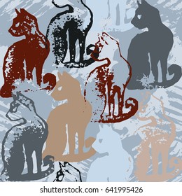 Seamless pattern with cat stamps. Sloppy strokes of a paint. Template for wrapping paper of textile print.