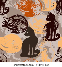Seamless pattern with cat stamps. Sloppy strokes of a paint. Template for wrapping paper of textile print.