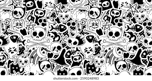 Seamless pattern with gothic emo cat stickers. Background with comic Halloween monsters.