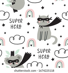 Seamless pattern with cat super hero. Super hero koala