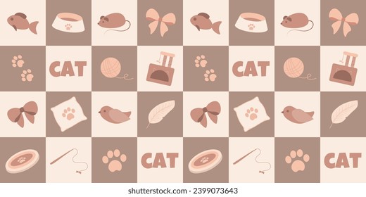 Patrón sin inconvenientes con juguetes para gatos y accesorios en el fondo a cuadros. Ilustración vectorial.