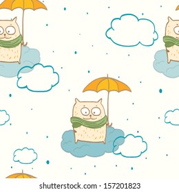 seamless pattern with cat under umbrella