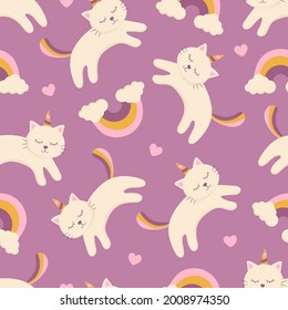 Seamless pattern with cat unicorn and rainbow. Vector illustration