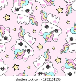 Seamless pattern and cat unicorn   stars pink background  For the design backgrounds  wallpapers  fabrics  wrapping paper  scrapbooking  etc  Vector