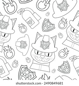 seamless pattern of a cat in a uniform and helmet of a fireman, fire extinguisher and fire drawn in line art style, isolated on white background