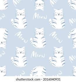 Seamless pattern Cat with word Meow on lilac background. Child backdrop. Kids baby concept. Vector fabric textile print. Wallpaper, wrapping, digital paper. T shirt design. Nursery linens template.