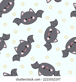 Seamless pattern of cat-bat in kawaii style with stars silhouette on an isolated blue background.