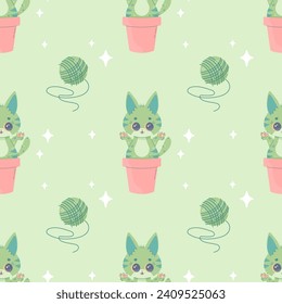 Seamless pattern catcus cactus cat, cartoon cute, vector illustration for fabric, print, apparel 