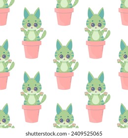 Seamless pattern catcus cactus cat, cartoon cute, vector illustration for fabric, print, apparel 