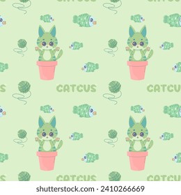 Seamless pattern catcus cactus cat, cartoon cute, vector illustration for fabric, print, apparel 