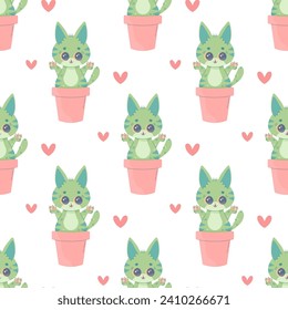 Seamless pattern catcus cactus cat, cartoon cute, vector illustration for fabric, print, apparel 