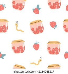 Seamless pattern with caterpillar, strawberry, jar of jam on white background. Summer vector in cartoon style for fabric, textile, nursery wallpaper