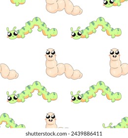 Seamless pattern, caterpillar, worm, cartoon, baby. on white background for fabric, wrapping paper