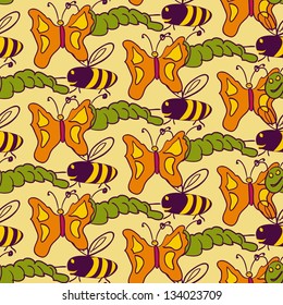 Seamless pattern of caterpillars, bees and butterflies