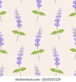 Seamless pattern with catmint flower branches and leaves. Botanical vector flat background. Floral wallpaper for textile, fabric design, fashion and other surfaces