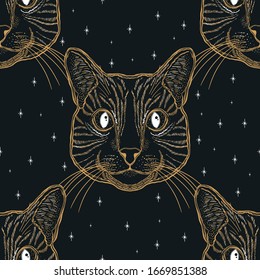 Nahtlose Muster Katze.Mystisches Zaubertier. Portrait-Gesicht, handgezeichnet Vintage-Stil.Line Kunst-Malerei.Vektorillustration-Illustration.