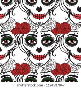 Seamless pattern. Catrina woman with make up of sugar skull. Dia de los muertos. Mexican Day of the dead. Vector illustration hand drawing isolated on white background