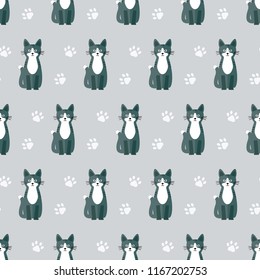 seamless pattern cats animals footprint on grey background vector wallpaper textile giftwrap