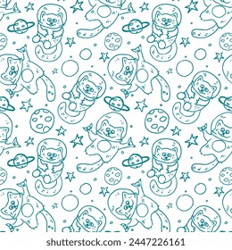 Seamless pattern with cats astronauts in space. Pattern with stars and planets on a light background. For children's bedding or children's wallpaper.