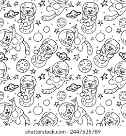 Seamless pattern with cats astronauts in space. Pattern with stars and planets on a light background. For children's bedding or children's wallpaper.