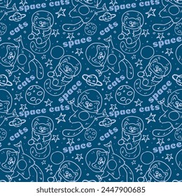 Seamless pattern with cats astronauts in space and inscriptions. Pattern with stars and planets on a dark background. For children's bedding or children's wallpaper.