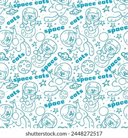 Seamless pattern with cats astronauts in space and inscriptions. Pattern with stars and planets on a light background. For children's bedding or children's wallpaper.