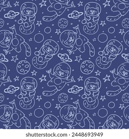 Seamless pattern with cats astronauts in space. Pattern with stars and planets on a dark background. For children's bedding or children's wallpaper.