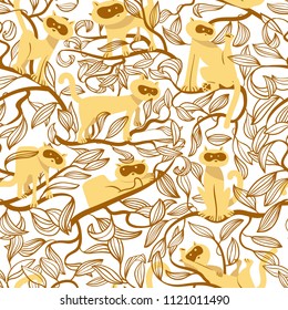 Seamless pattern with cats. Background with funny domestic kitty on the tree branches. Vector illustration for design elements, backdrops, wallpapers and textile