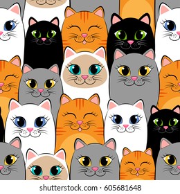 Seamless pattern with cats. Background with gray, white, black, ginger and siamese kittens