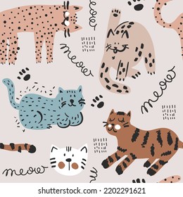 Seamless pattern with cats. Background for t-shirt, kids, cards, banner, stationery, clothes, textile and other design.