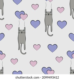 Seamless pattern of cats and balloons, hearts in flat vector style. On a light background. A holiday of love. Illustration about a cat for background, graphics, content, banner, textile, paper.