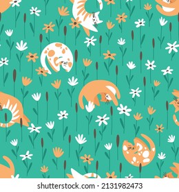 Seamless pattern with cats basking on the grass. Cats love to sleep on flowers. Pattern for children's fabrics. Flat vector illustration.