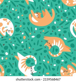 Seamless pattern with cats basking in the sun. Cats love to sleep. Pattern of children's fabrics. Flat vector illustration.