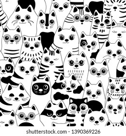 Seamless pattern with cats. Big company of cats of different breeds. Vector background for fabric, textile, wallpaper, posters, gift wrapping paper, napkins, tablecloths. Print for kids, children