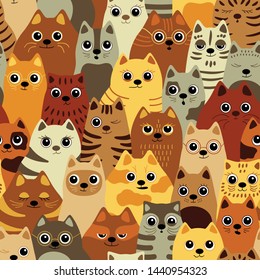 Seamless pattern with cats. Big company of cats of different breeds. Background for fabric, textile, wallpaper, posters, gift wrapping paper, napkins, tablecloths. Print for kids, children